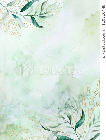 Watercolor light green hand painted background with green and golden leaves bouquets Watercolor light green hand painted background with green and golden leaves bouquets 110310449