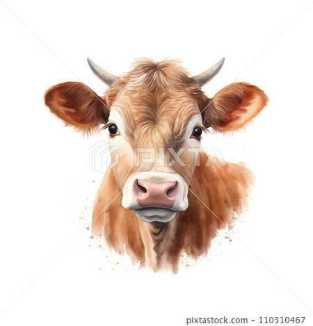 Portrait of a cow on a white background. Watercolor painting. Portrait of a cow on a white background. Watercolor painting. 110310467