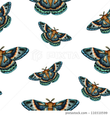 Watercolor seamless pattern blue green moth isolated on white background. Hand painted illustration imperial night butterfly. Insect for the design of stationery, posters, wallpaper 110310599