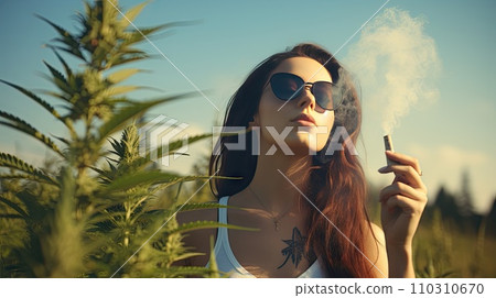 Young woman smoke near cannabis plant Young woman smoke near cannabis plant 110310670
