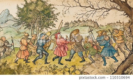 Medieval style illustration of the battle scene. 110310694