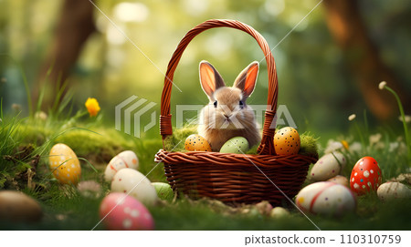 Easter bunny with a basket of eggs. 110310759