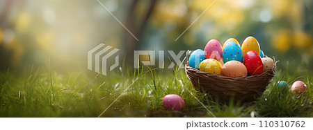Wicker basket with Easter eggs 110310762