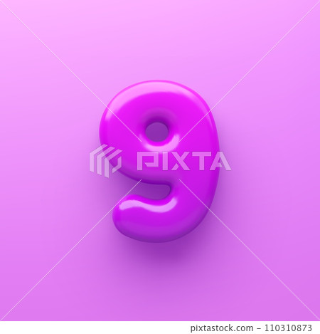3D Purple number 9 with a glossy surface on a purple background . 110310873