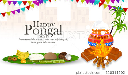 Happy Pongal Festival of India banner design template with traditional food. Vector illustration 110311202