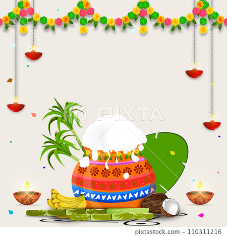 Happy Pongal background with coconut and flower elements with text space. Vector illustration 110311216