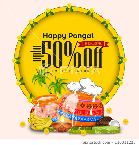 Happy Pongal Harvest Festival of Tamil Nadu South Indian Background Design. Vector illustration 110311223