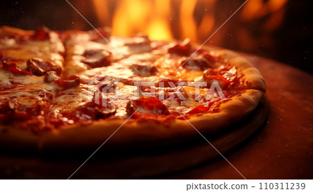 AI-generated content. Italian pepperoni pizza on wooden table in front of oven with open fire, copy space, AI generated 110311239