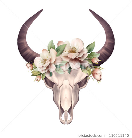 Bohemian bull skull. Western bull with flowers. Isolated on white. Boho skull style. Hand drawn illustration 110311340