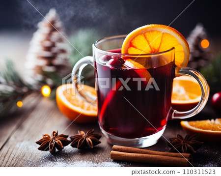 AI Generated delicious Christmas mulled wine drink with citrus, cinnamon, spices. 110311523