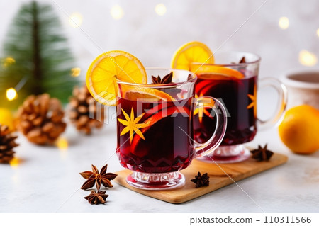 AI Generated delicious Christmas mulled wine drink with citrus, cinnamon, spices. 110311566