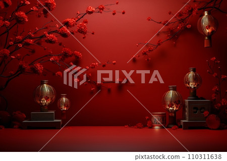 AI Generated Chinese lunar new year background design concept with lantern and festive decoration. 110311638