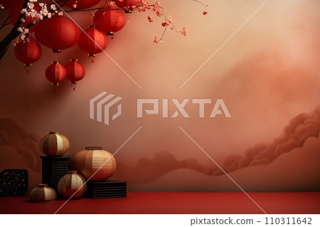 AI Generated Chinese lunar new year background design concept with lantern and festive decoration. 110311642
