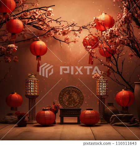 AI Generated Chinese lunar new year background design concept with lantern and festive decoration. 110311643