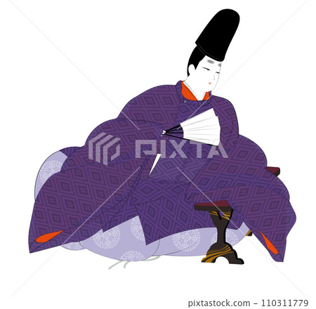 Classical costumes of Japanese aristocrats.A man in summer robes leaning against his armpits. Heian period image illustration 110311779