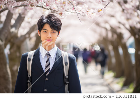 High school boy walking along a row of cherry blossom trees: AI-generated image High school boy walking along a row of cherry blossom trees: AI-generated image 110311811