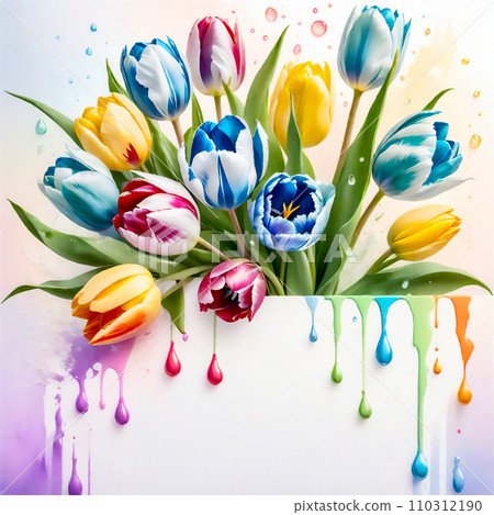 Card with a bouquet of colorful tulips. Card with a bouquet of colorful tulips. 110312190