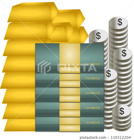 set of gold bars, dollar bills and coins set of gold bars, dollar bills and coins 110312204