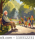 Elderly man looking at children in the park 110312231