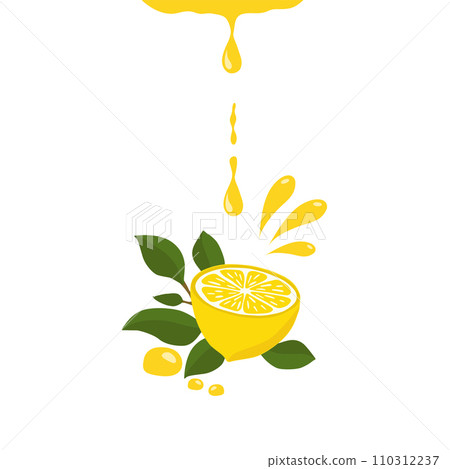Lemon and lemon halves with a sprig and drops of lemon juice. A bright composition of vector illustration. Citrus composition. For the design of postcards, prints, stickers and other uses. Lemon and lemon halves with a sprig and drops of lemon juice. A bright composition of vector illustration. Citrus composition. For the design of postcards, prints, stickers and other uses. 110312237
