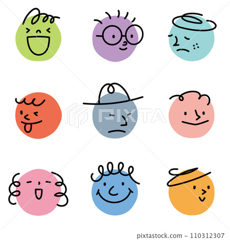 Vector illustration of abstract faces in different colors and expressions drawn on circles Vector illustration of abstract faces in different colors and expressions drawn on circles 110312307