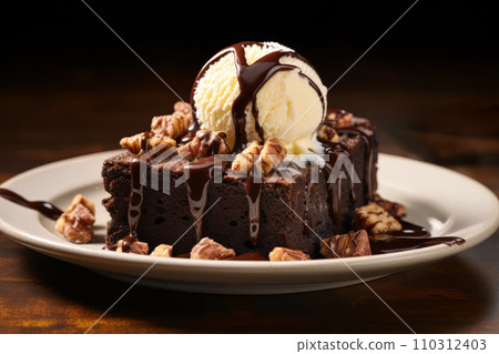 Brownie cake with a ball of ice cream poured with chocolate 110312403