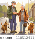 Elderly couple walking their dog 110312411