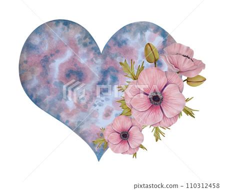 Cosmic heart with pink anemone flower.Heavenly botanical element for Valentine's day,mother's day. Esotericism and spirituality concept.Watercolor and marker illustration.Hand drawn isolated art. 110312458