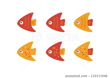 Vector illustration of a funny red-orange fish swimming happily. Vector illustration of a funny red-orange fish swimming happily. 110313446