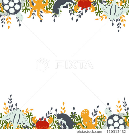 A composition template of marine inhabitants and plants, ideal for postcards A composition template of marine inhabitants and plants, ideal for postcards 110313482