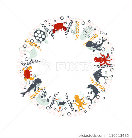 A composition template in the form of a wreath of marine life and plants, ideal for postcards, 110313485