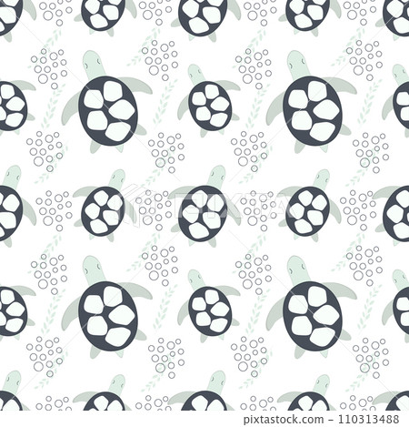 Seamless pattern with sea animals. Turtle in the ocean among sea plants on a white background.  110313488