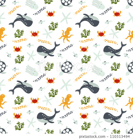 Seamless pattern with sea animals. Blue whale, octopus and turtle in the ocean among sea plants  110313494