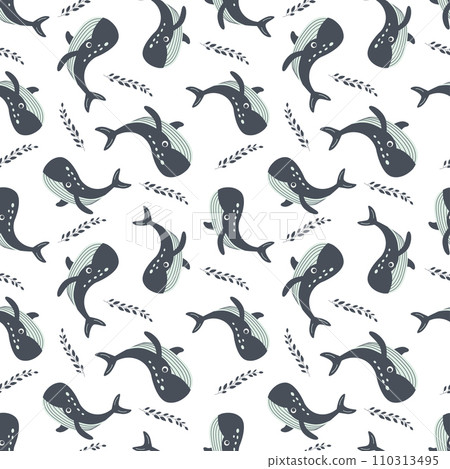 Seamless pattern with sea animals. Blue whale in the ocean among sea plants  110313495
