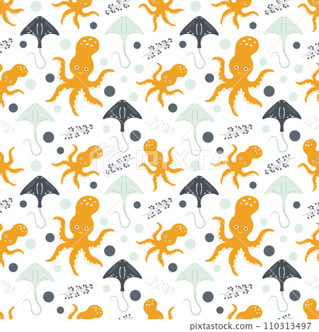 Seamless pattern with sea animals. Octopuses, stingrays in the ocean among marine plants  110313497