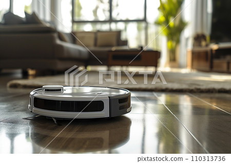 機器人吸塵器清潔客廳地板：人工智慧生成的圖像 110313736