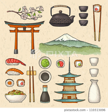 Set Japan. Fuji, pagoda, sushi, sakura. Vintage engraving Set Japan. Fuji, pagoda, sushi, sakura. Vintage engraving 110313896