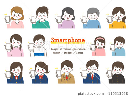 A collection of illustrations for operating a smartphone. People of various generations. A collection of illustrations for operating a smartphone. People of various generations. 110313938