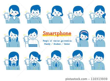 A collection of illustrations for operating a smartphone. People of various generations. 110313939
