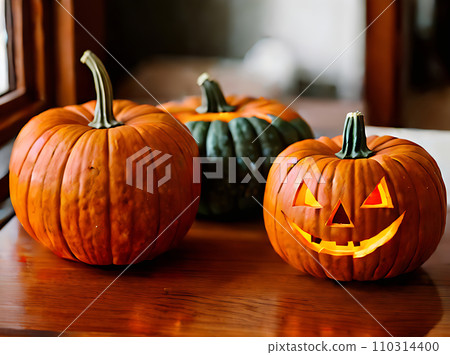 Realistic pumpkin Halloween cozy atmosphere warm lighting. 110314400