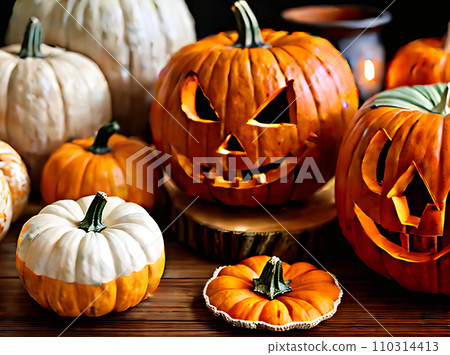 Realistic pumpkin Halloween neutral palette warm lighting. 110314413