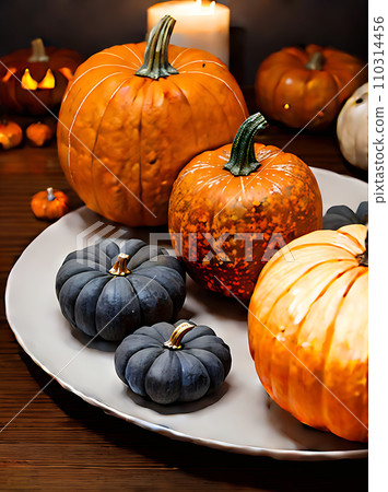Realistic pumpkin Halloween neutral palette warm lighting. 110314456