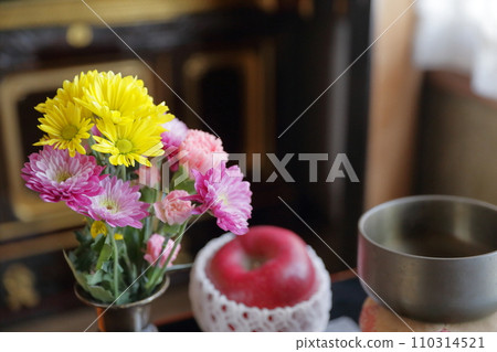 Buddhist altar offerings: Buddhist flowers and apples 110314521