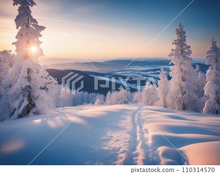 清晨的陽光照在寒冷山上結霜的樹木上的風景 清晨的陽光照在寒冷山上結霜的樹木上的風景 110314570
