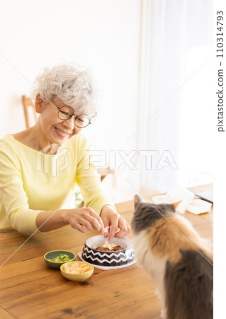 Senior woman preparing cat food (cat/owner) 110314793