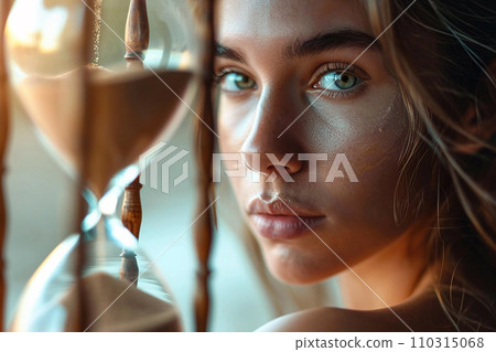 Young woman holding hourglass. Aging process and youth concept, stop the time, anti aging treatment, beauty and cosmetics. Young girl portrait with smooth clean skin and perfect soft makeup. 110315068