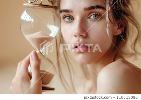 Young woman holding hourglass. Aging process and youth concept, stop the time, anti aging treatment, beauty and cosmetics. Young girl portrait with smooth clean skin and perfect minimal nude makeup Young woman holding hourglass. Aging process and youth concept, stop the time, anti aging treatment, beauty and cosmetics. Young girl portrait with smooth clean skin and perfect minimal nude makeup 110315086