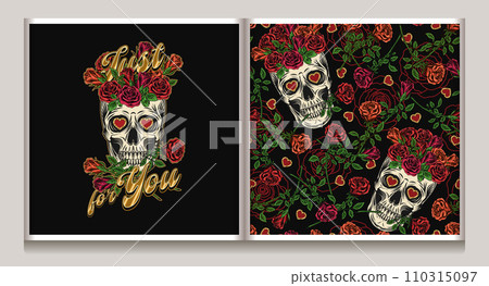 Colorful pattern, label with skull like cup full of roses, scattered roses with stem. Gothic love illustration. For clothing, t shirt design, engagement event, Valentines Day, gift decoration. Colorful pattern, label with skull like cup full of roses, scattered roses with stem. Gothic love illustration. For clothing, t shirt design, engagement event, Valentines Day, gift decoration. 110315097
