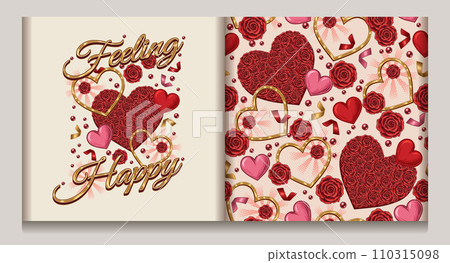 Valentines day seamless pattern, label with hearts, rose flowers, confetti, scattered beads, text. For wedding, engagement event, Valentines Day, gift decoration. Valentines day seamless pattern, label with hearts, rose flowers, confetti, scattered beads, text. For wedding, engagement event, Valentines Day, gift decoration. 110315098