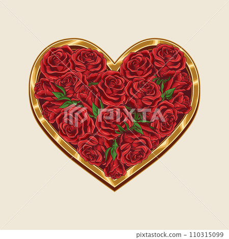 Golden heart shaped frame filled with bouquet of red roses in on white background. Holiday design element for Happy Valentines day, Save the date greeting card, wedding, engagement event. Golden heart shaped frame filled with bouquet of red roses in on white background. Holiday design element for Happy Valentines day, Save the date greeting card, wedding, engagement event. 110315099